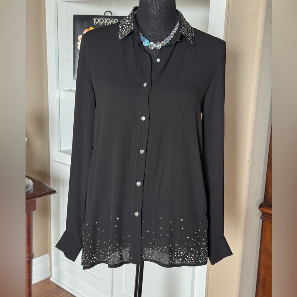 Studio F Black Rhinestone Chiffon Button Down Shirt‎